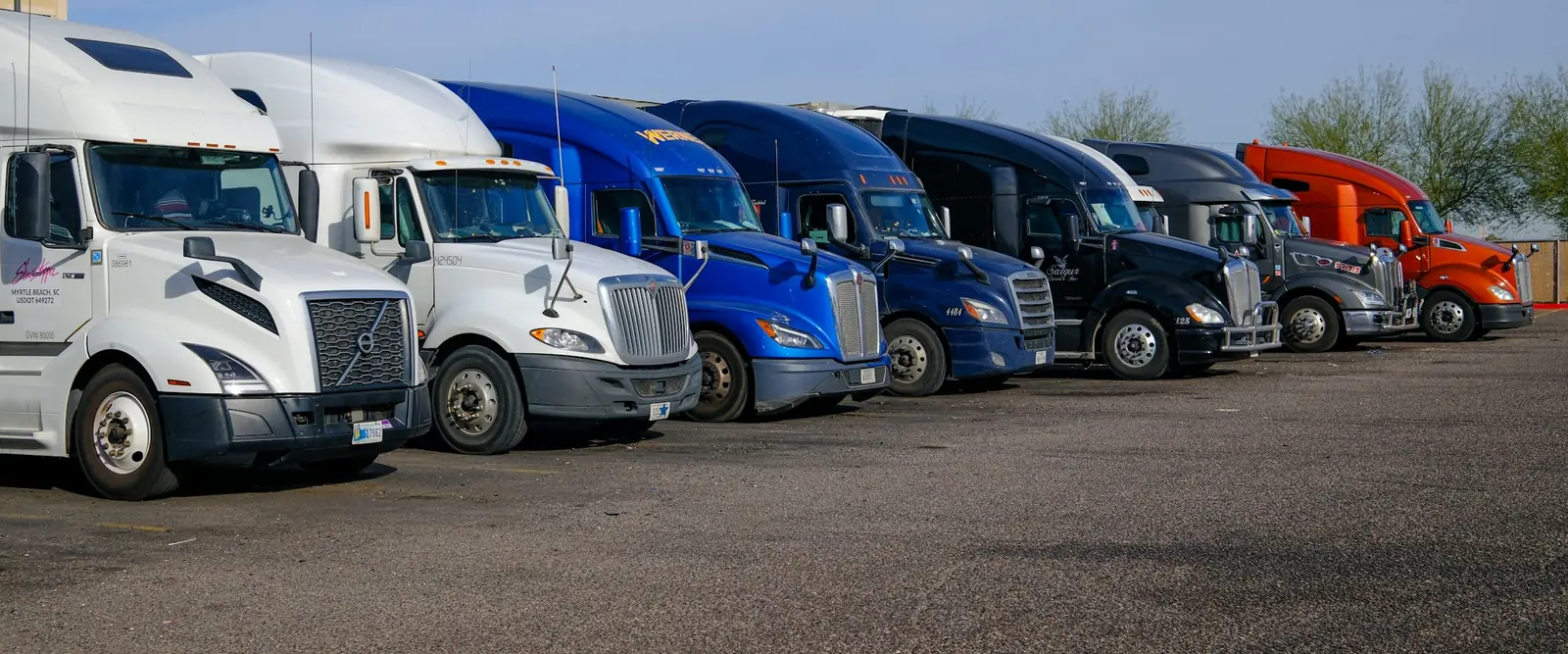 A row of semi-trucks parked side by side in a lot